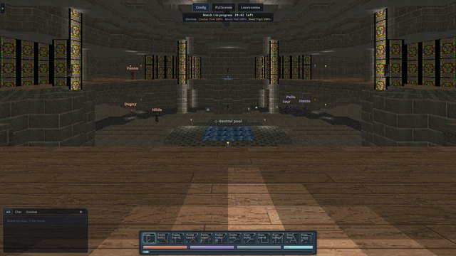 Keystone Keep's crossing seen from a wooden gallery: stained-glass pillars and a pool, mages below.