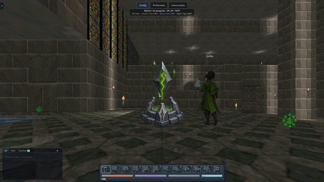 Reed Vigil's shrine room in Keystone Keep, the green Keystone shard with a Reed mage beside it.