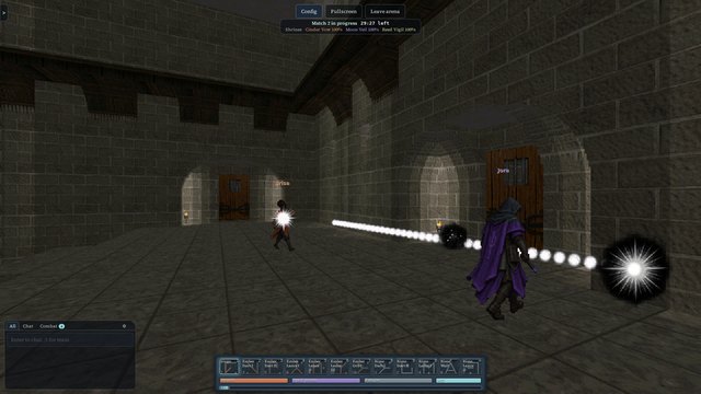 A beam spell crossing a cathedral hall toward a Moon Veil mage.