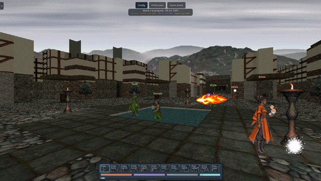 An ember projectile flying across Marrowgate's market square between mages near a pool and braziers.