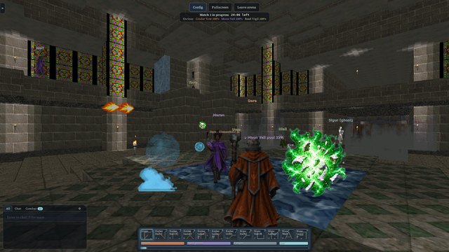 Mages of Cinder Vow and Moon Veil fighting over a pool, with a green burst and a frost cloud.