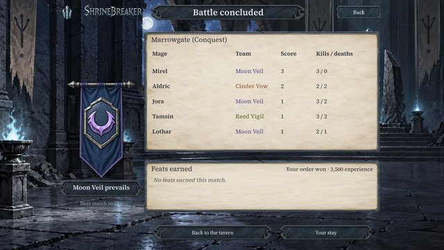 The results screen: Moon Veil prevails, with its banner and the match's top mages.