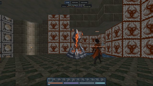 The Cinder Vow Keystone shard shrine glowing orange in its hall, with a Cinder mage beside it.