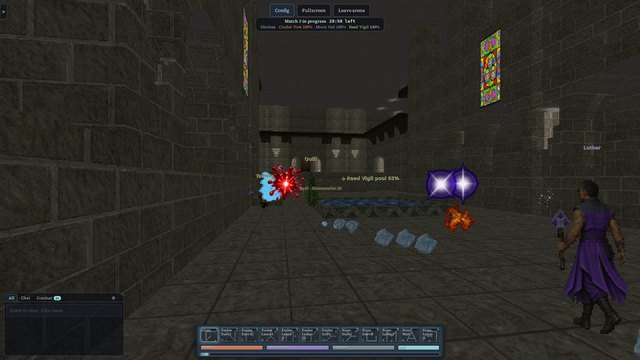 A first-person battle: a Moon Veil mage watches spells burst over a pool held 65 percent by Reed Vigil.