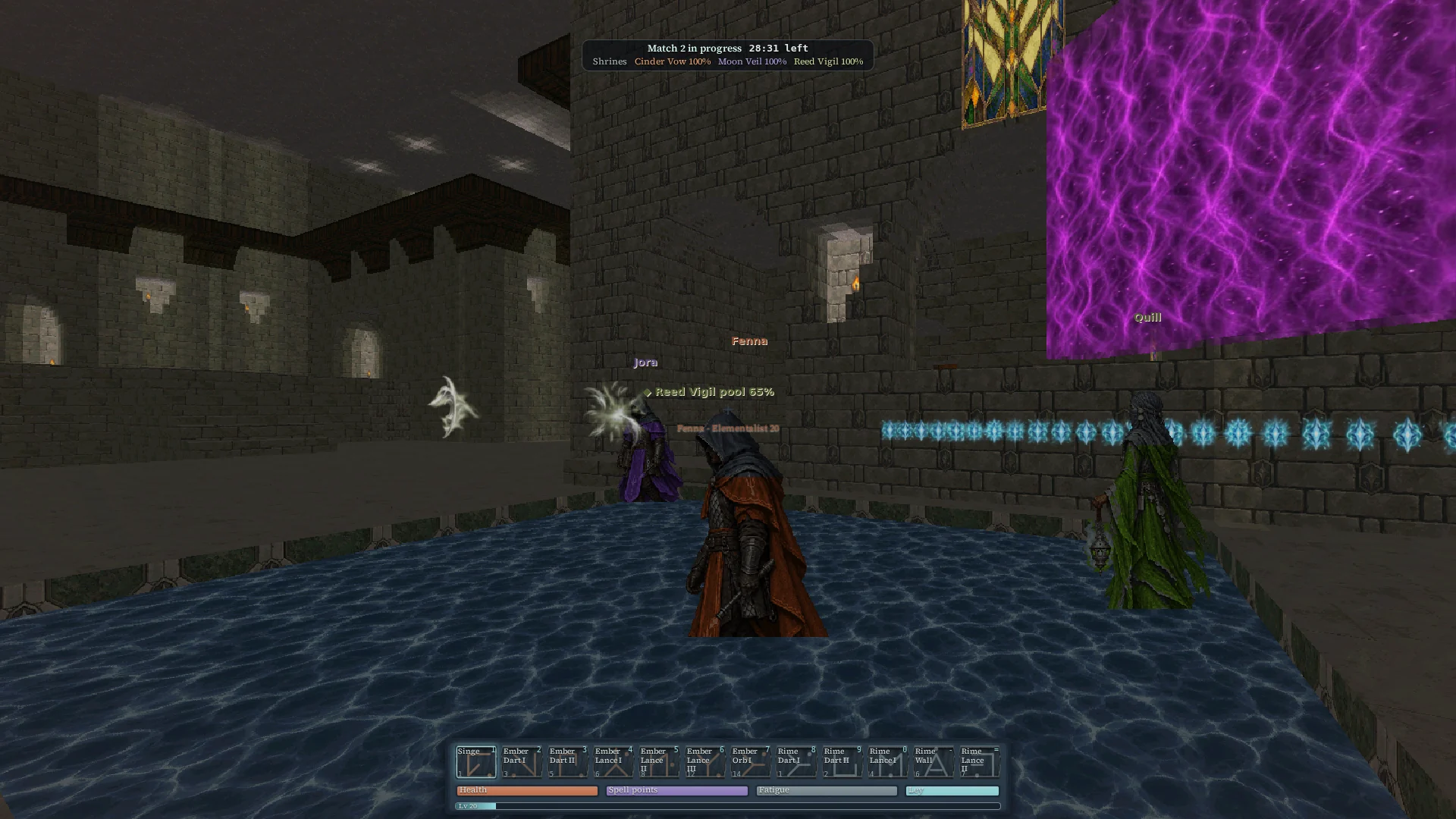Shrinebreaker: mages of three orders fight over a pool in a stone hall