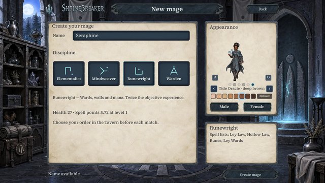 The New mage screen creating Seraphine, a Runewright, as a Tide Oracle with a deep brown skin tone.