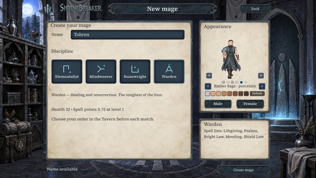 The New mage screen creating Tobren, a Warden, as an Ember Sage with a porcelain skin tone.