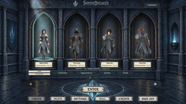 The Sanctum: four mages in stone alcoves, an Elementalist, a Warden, a Mindweaver and an Elementalist, with their levels.