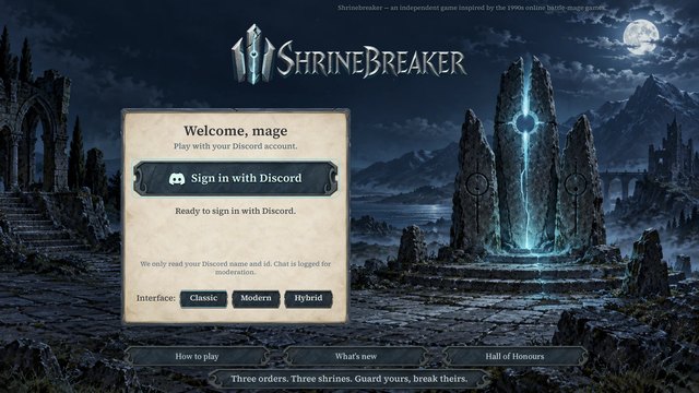 The Shrinebreaker title screen: the logo over a glowing standing-stone shrine at night, with a Sign in with Discord panel.