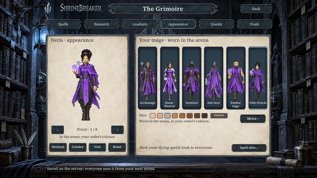The Grimoire's Appearance tab: a Tide Oracle in Moon Veil violet, with the six mages and the skin tone swatches.