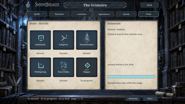 The Grimoire's Feats tab: rune badges for Stalemate, Lifegiver, Stonebreaker, Wellspring, Four Paths and Magus.