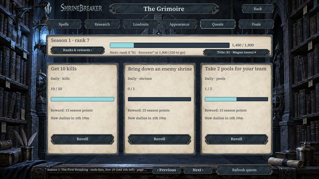 The Grimoire's Quests tab: Season 1 rank 7 progress and three daily quests with progress bars.