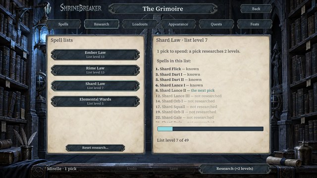 The Grimoire's Research tab: Shard Law at list level 7 with its spells, known and still to research.