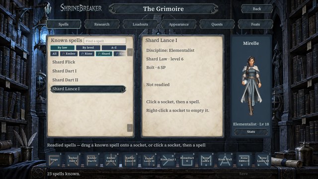 The Grimoire's Spells tab: Shard Law spells listed, Shard Lance I selected, and the readied spell sockets with runes.