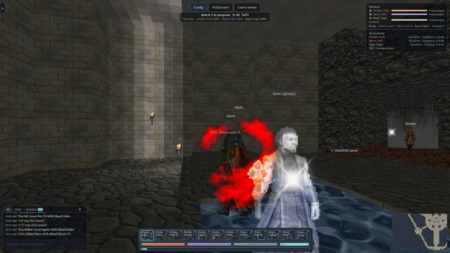 An arena scene with the Classic painted HUD: spell bar, bars, chat, minimap and the shrines panel.
