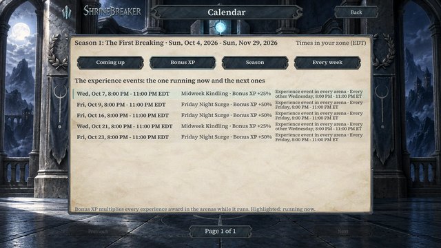 The Calendar's Bonus XP tab listing Friday Night Surge and Midweek Kindling evenings.