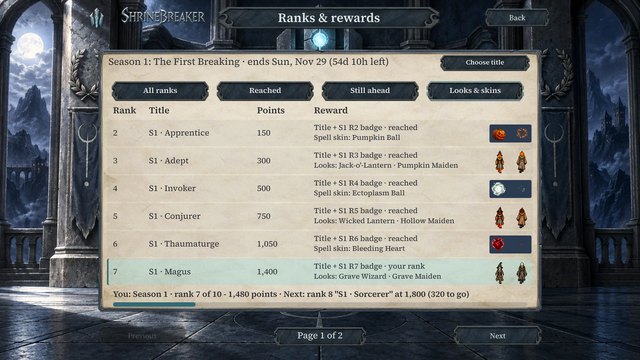 The Ranks and rewards page for Season 1: ranks 2 to 7 with titles and previews of looks and spell skins.