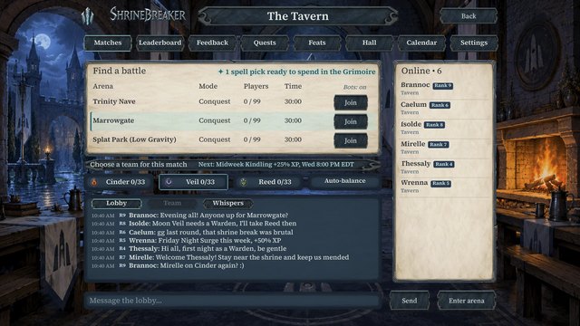 The Tavern: the arena list with Marrowgate selected, the order choice with Moon Veil picked, lobby chat and the Online list with rank badges.
